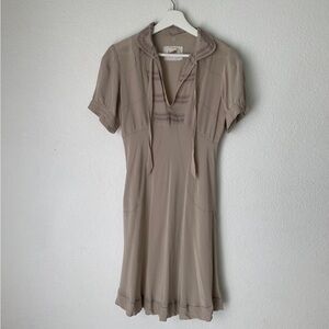 Taupe Short-Sleeve Tie-Neck Dress
